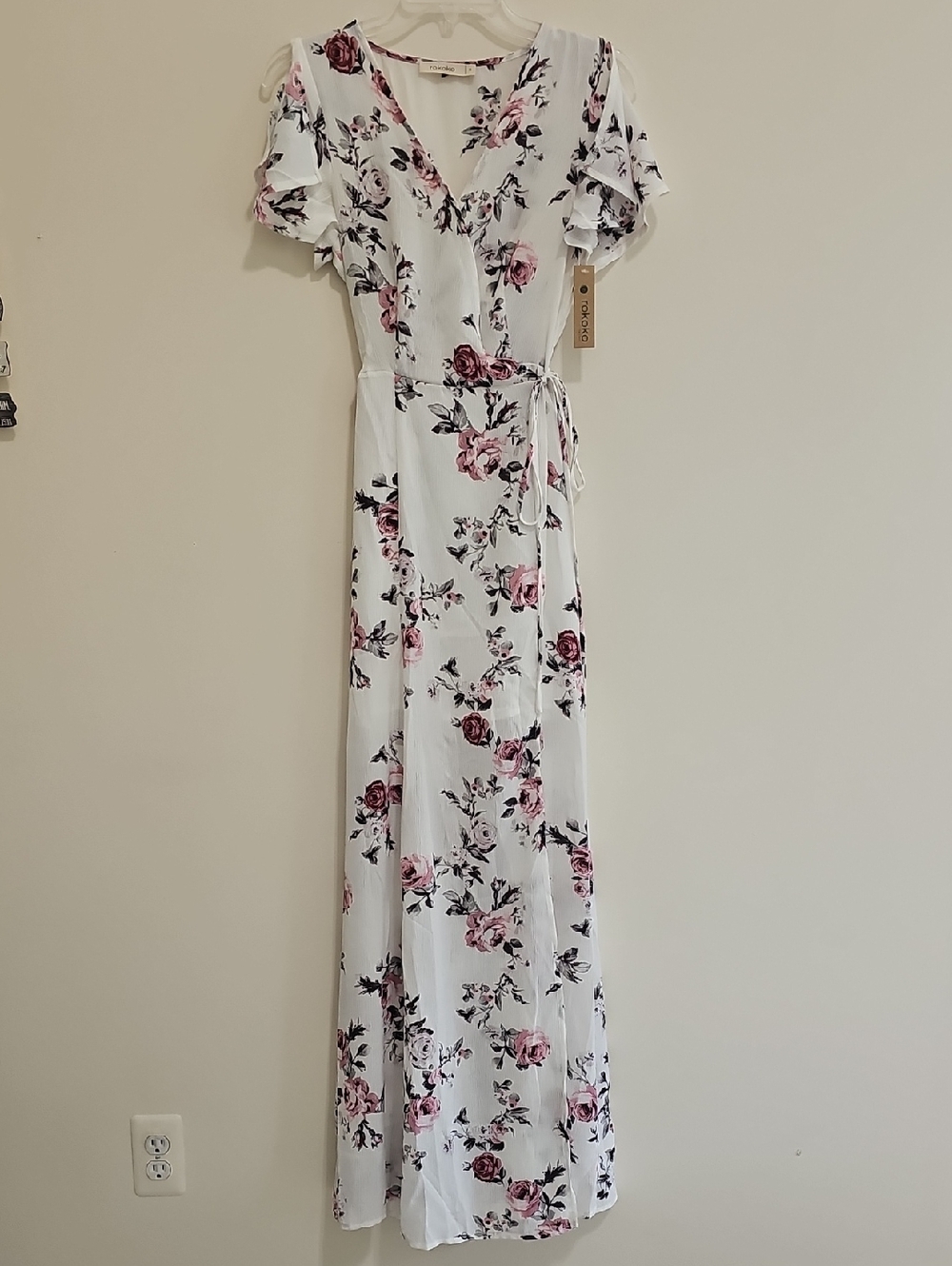 White Floral Wrap Maxi Dress with Pink Rose Print